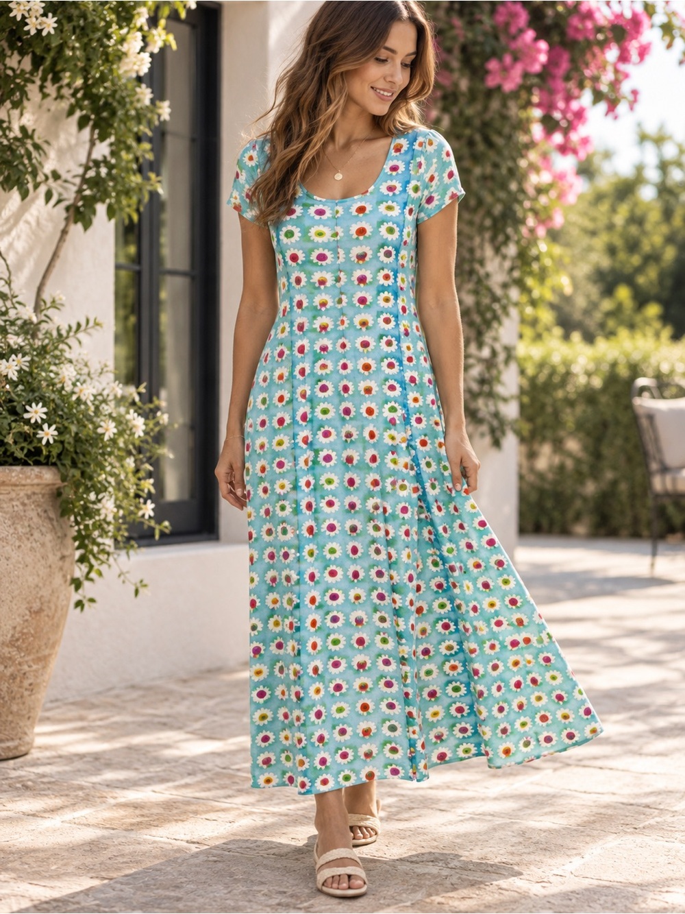 Jams World Maxi Dress Womens S Aqua Daisy Floral Pleated Tie Back Hawaiian